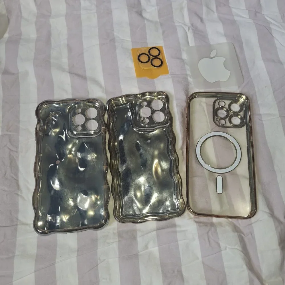 Clear Gold Magnetic Wavy TPU Iphone Cases With Camera Lens Protector Set